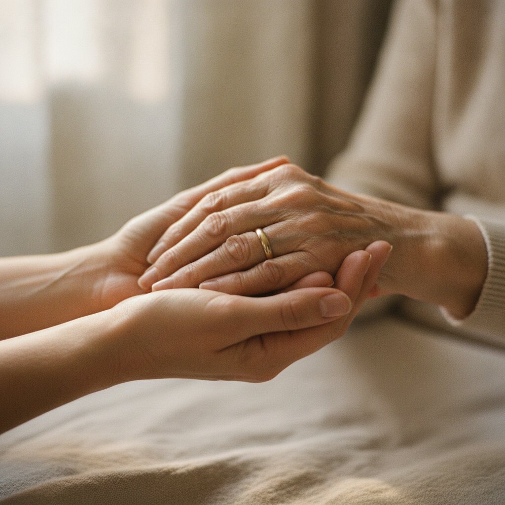 A younger hand gently holding an elderly hand with a wedding band