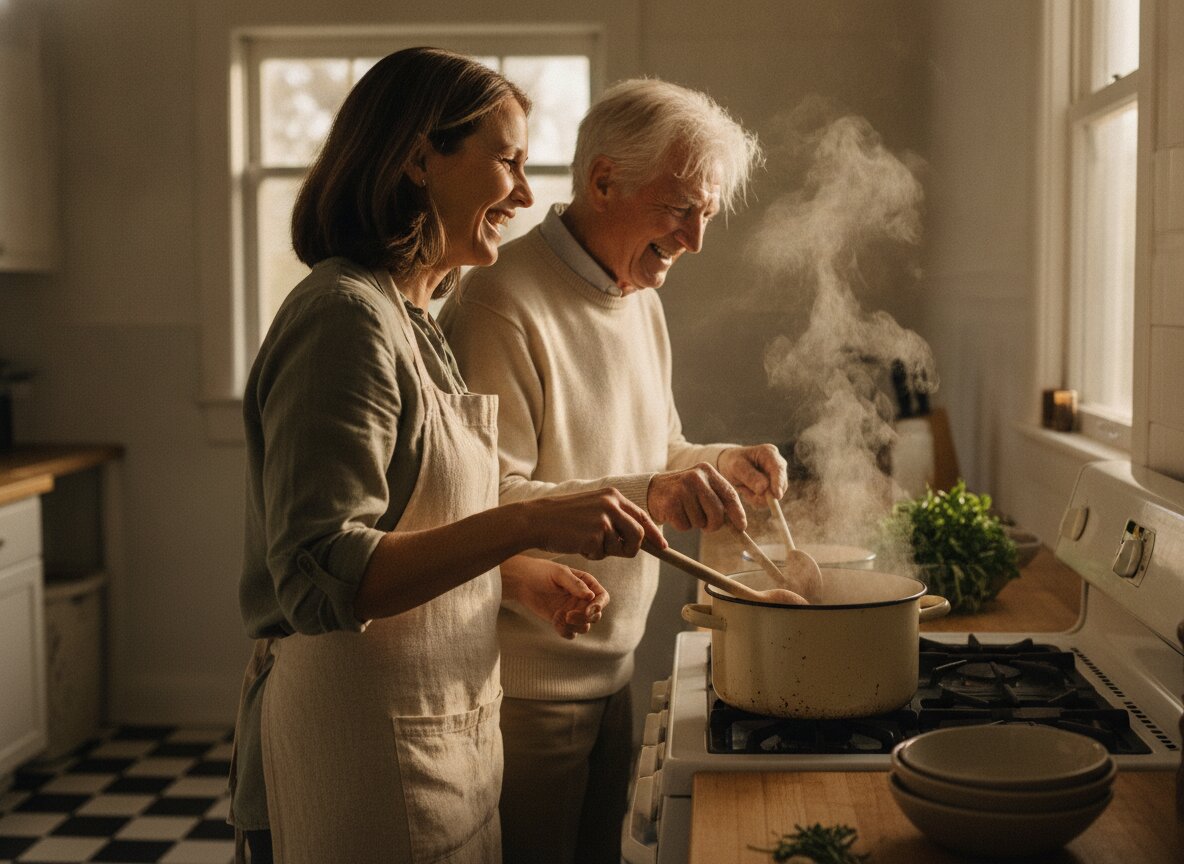 A caregiver and an elderly man cooking together at the stove, both laughing