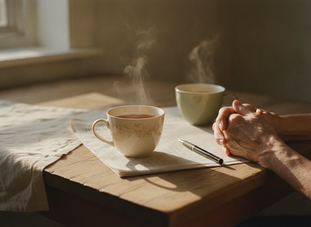 Two cups of tea and a crossword on a kitchen table in warm morning light