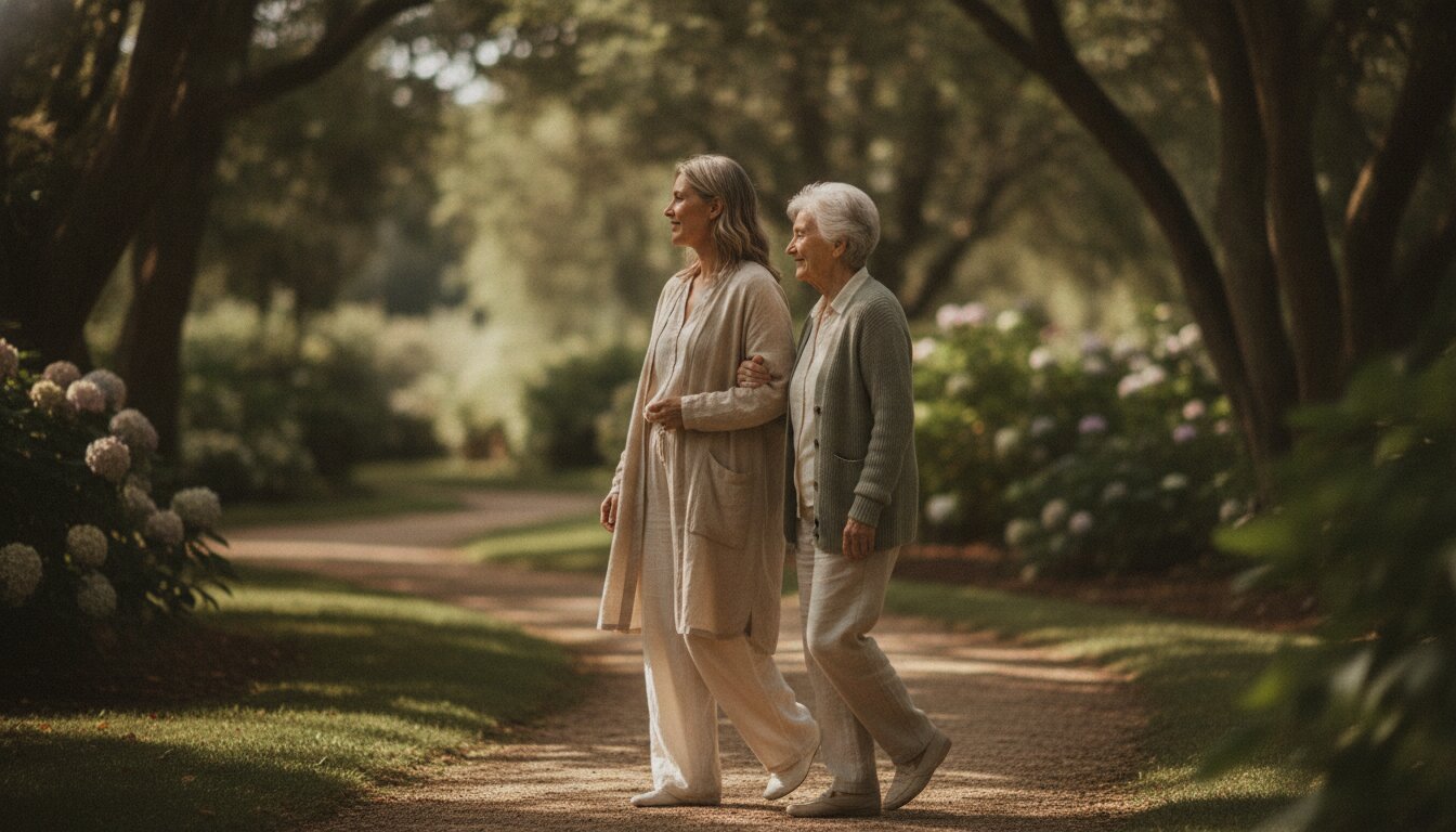 Caregiver and elderly woman walking arm in arm on a garden path