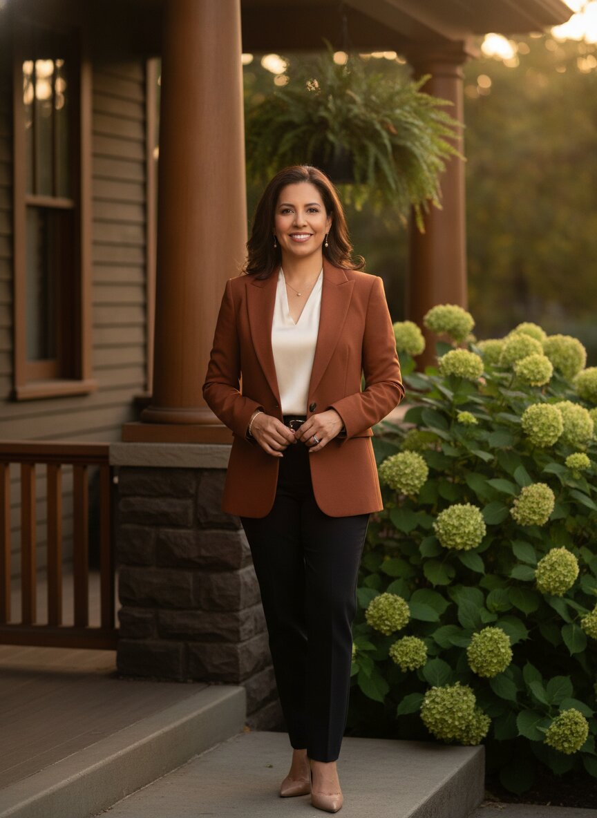Mara Delgado on a craftsman front porch, smiling