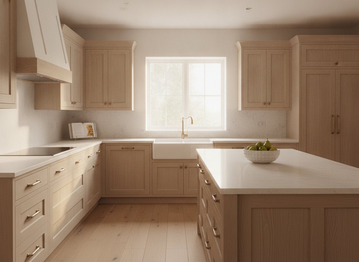 The renovated oak and white kitchen at 18 Hawthorne Lane, morning light