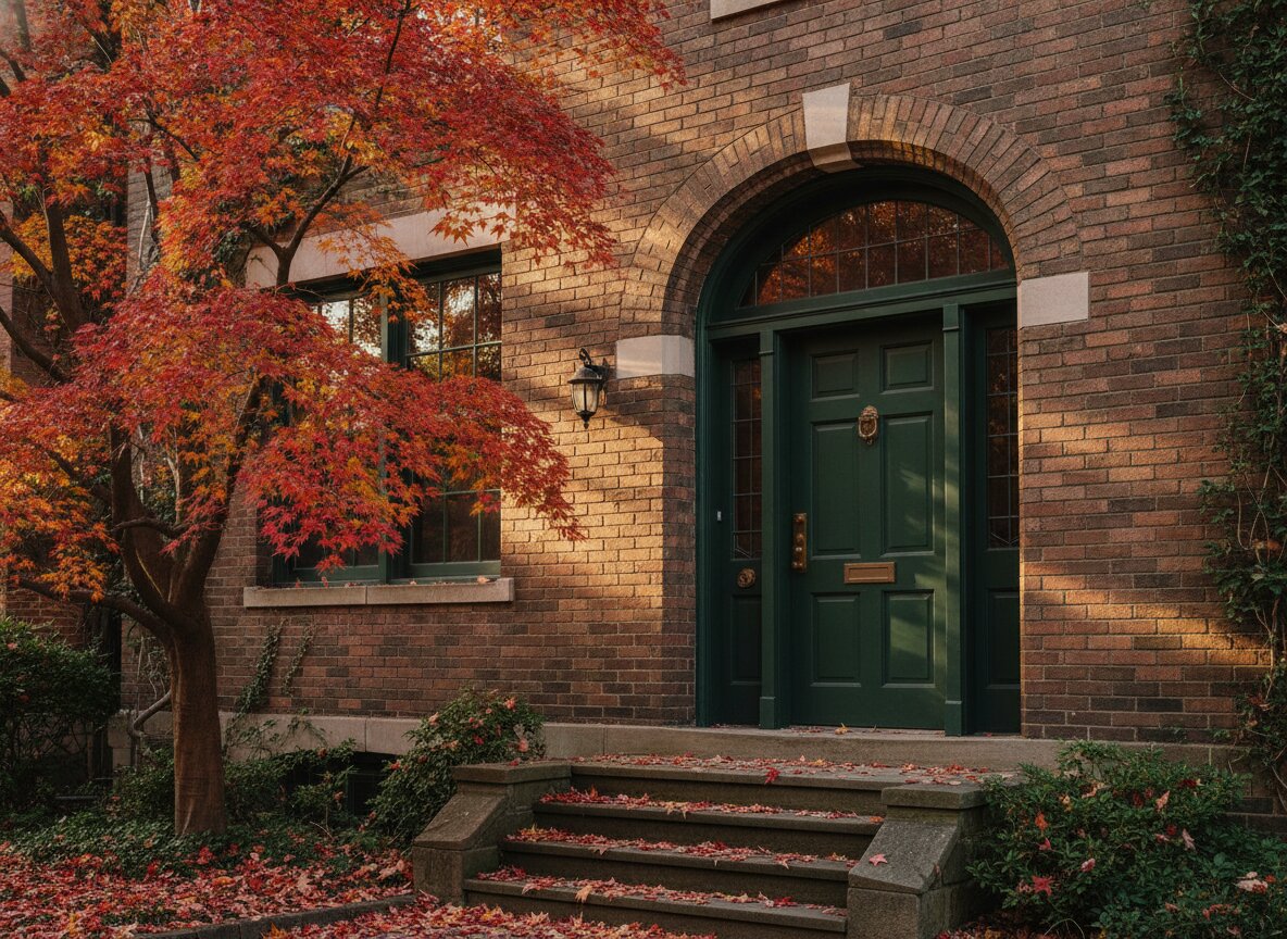 The brick townhouse at 204 Bellamy Street under a red maple in autumn
