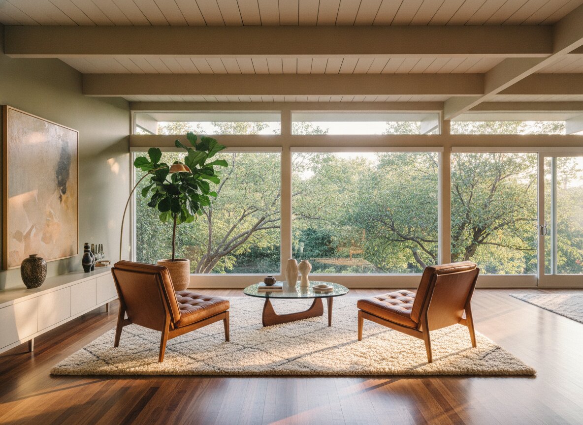 The post-and-beam living room at 77 Carver Avenue in afternoon sun