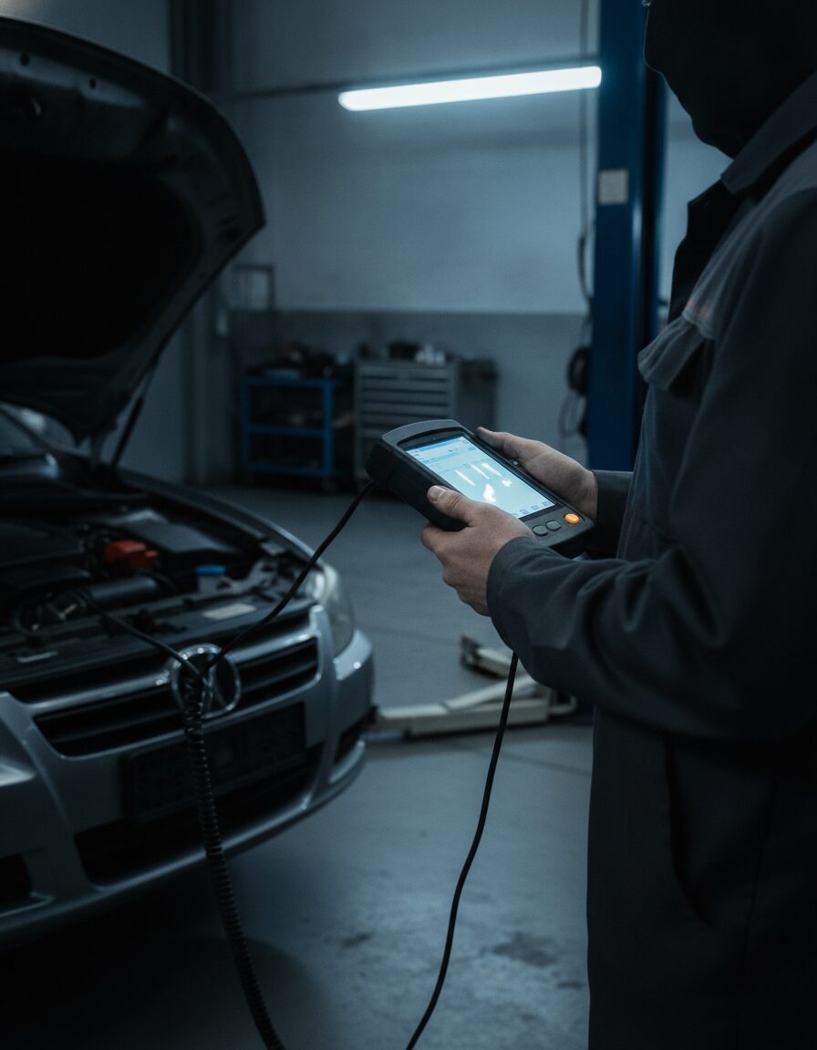 A technician holding a diagnostic scan tool plugged into a car, reading live engine data in the bay