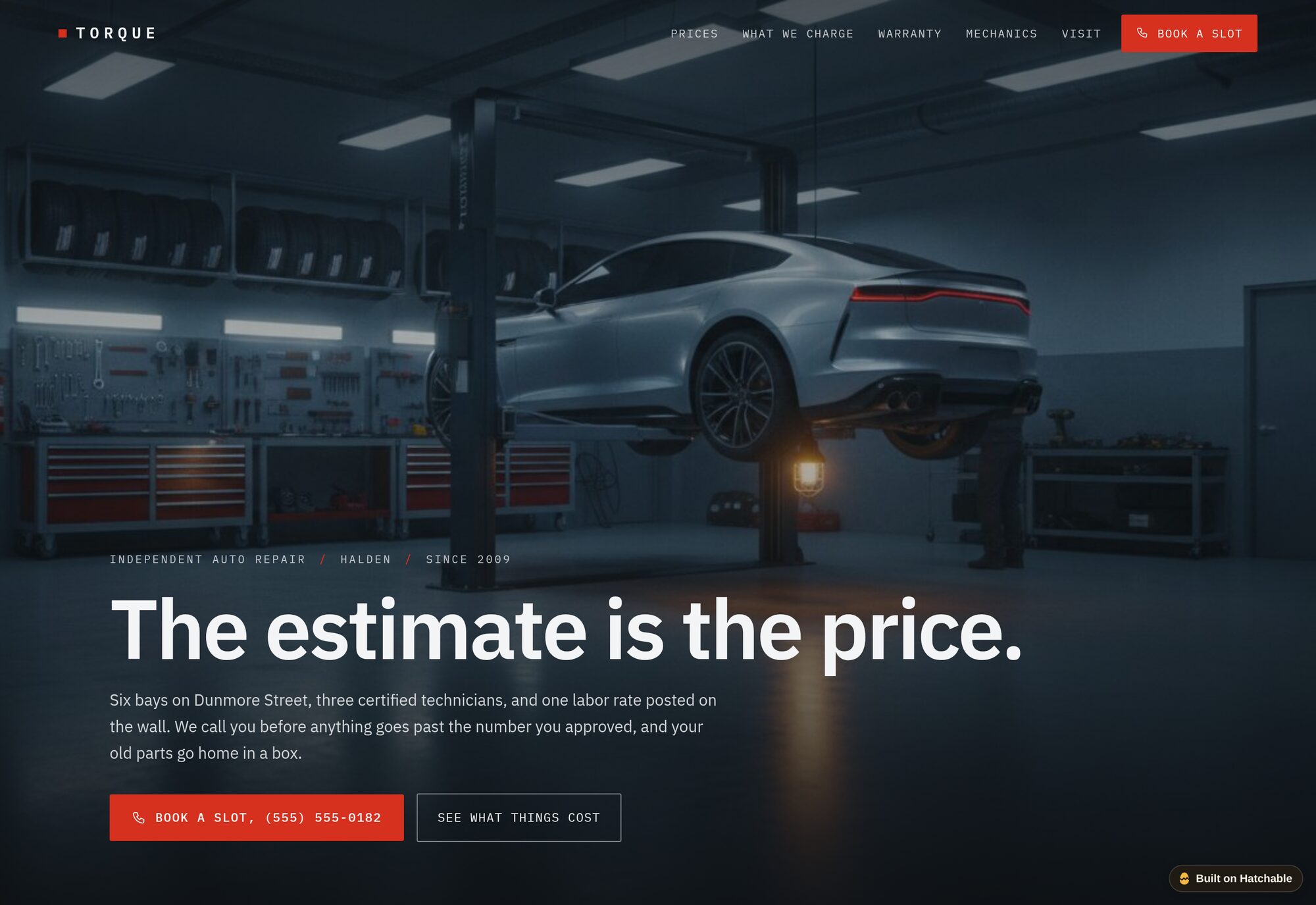 Torque auto repair shop website template — full design preview