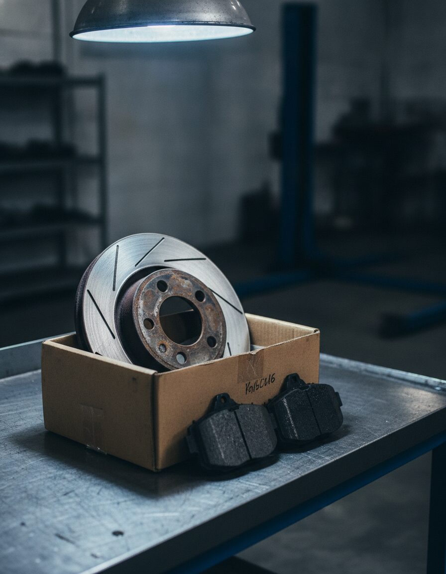 A worn brake rotor and old pads in a labeled cardboard box on a workbench, ready to be returned to the customer