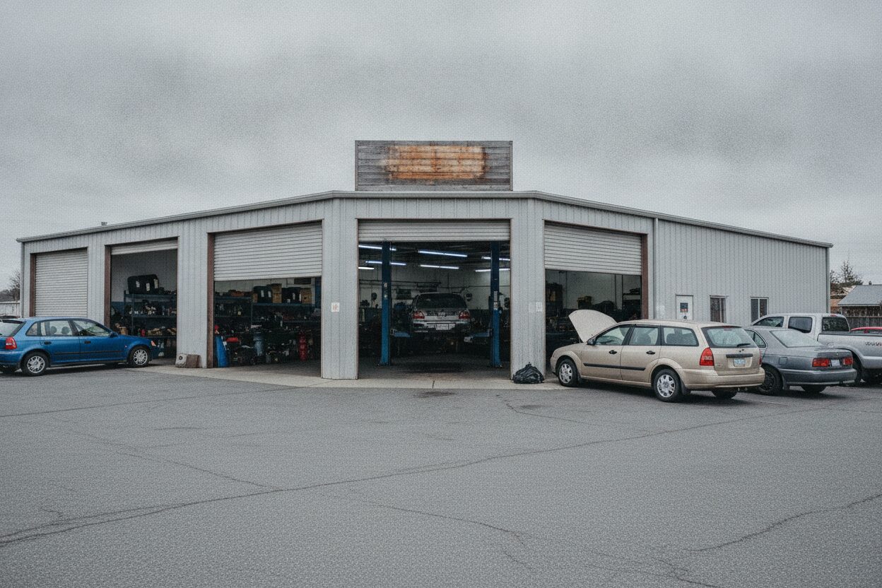 The front of the Torque garage on a street corner, three roll-up doors open and cars parked in the lot