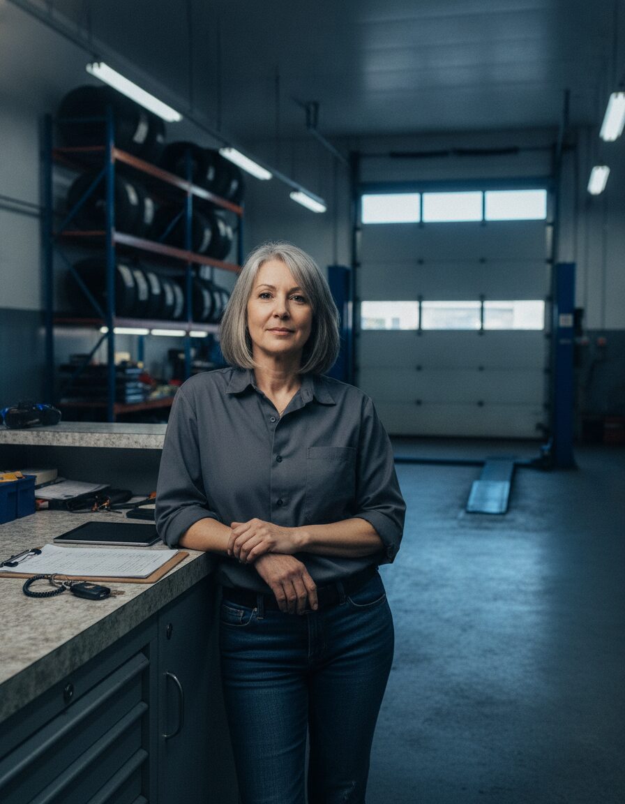 Dana Whitlock, shop owner, standing at the service counter in a work shirt