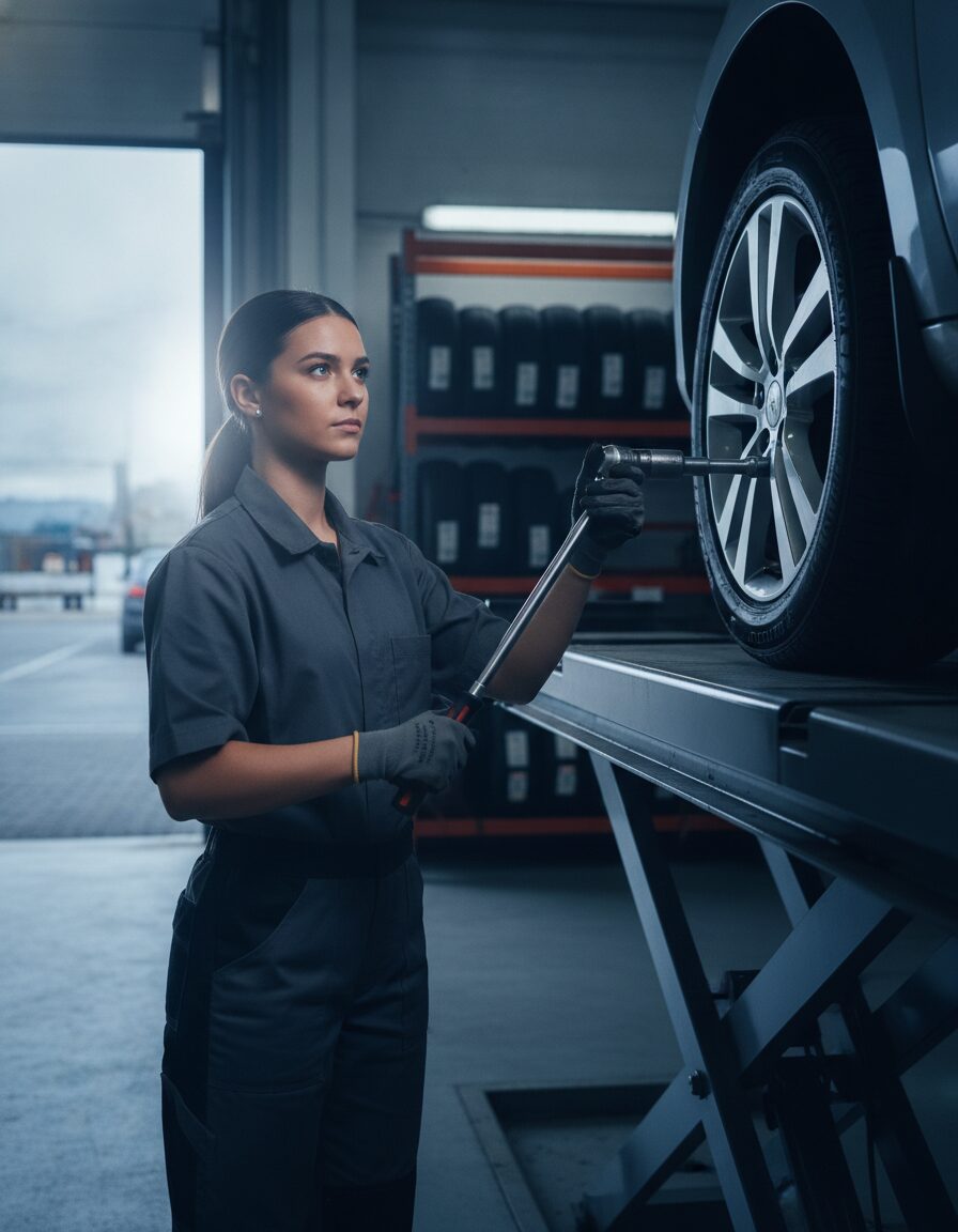 Nia Sandoval torquing a wheel by hand next to a car on a lift in the tire bay