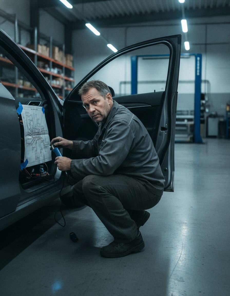 Ruben Ortega working under the dashboard of a car with a work light and a wiring diagram beside him