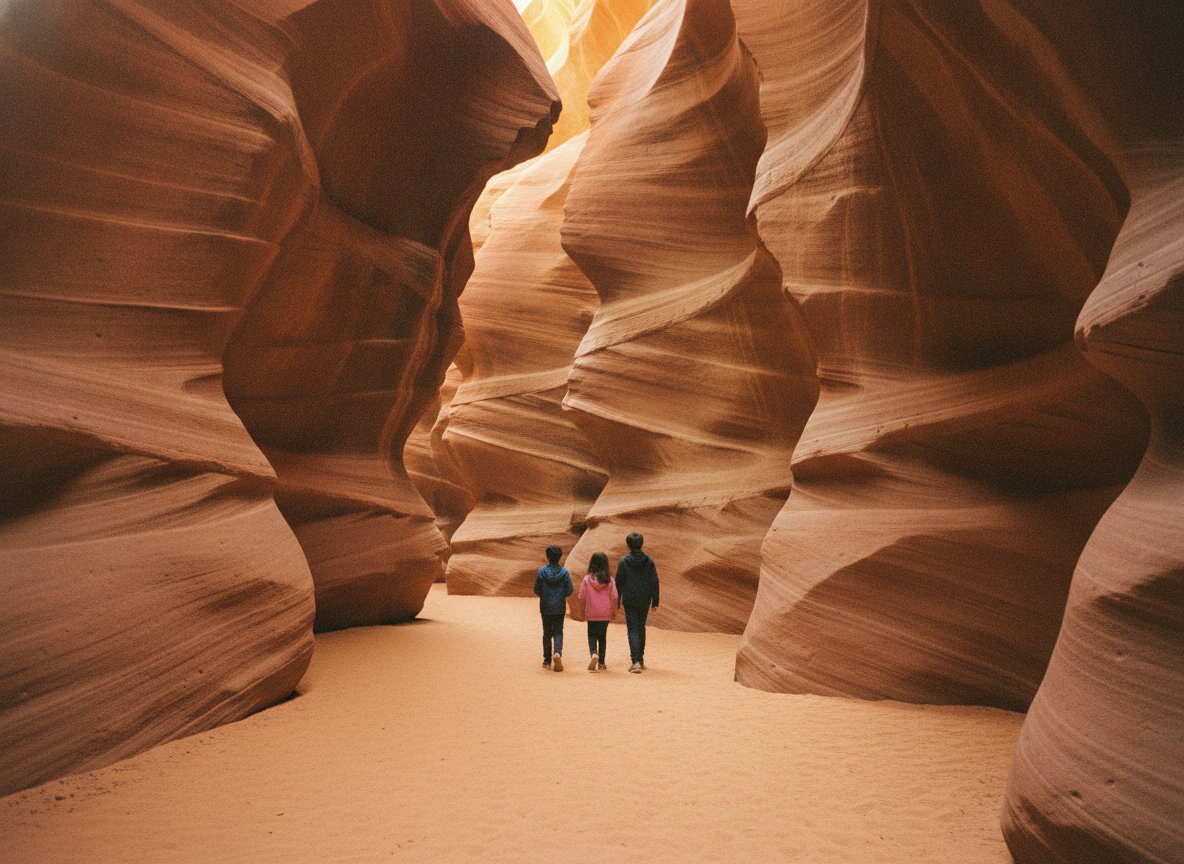 A family walking through a softly lit slot canyon