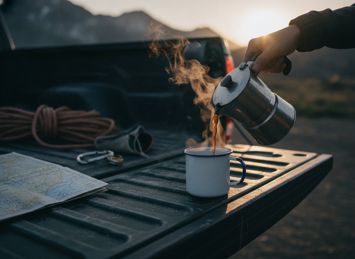Coffee poured at the trailhead tailgate, Cole's usual post