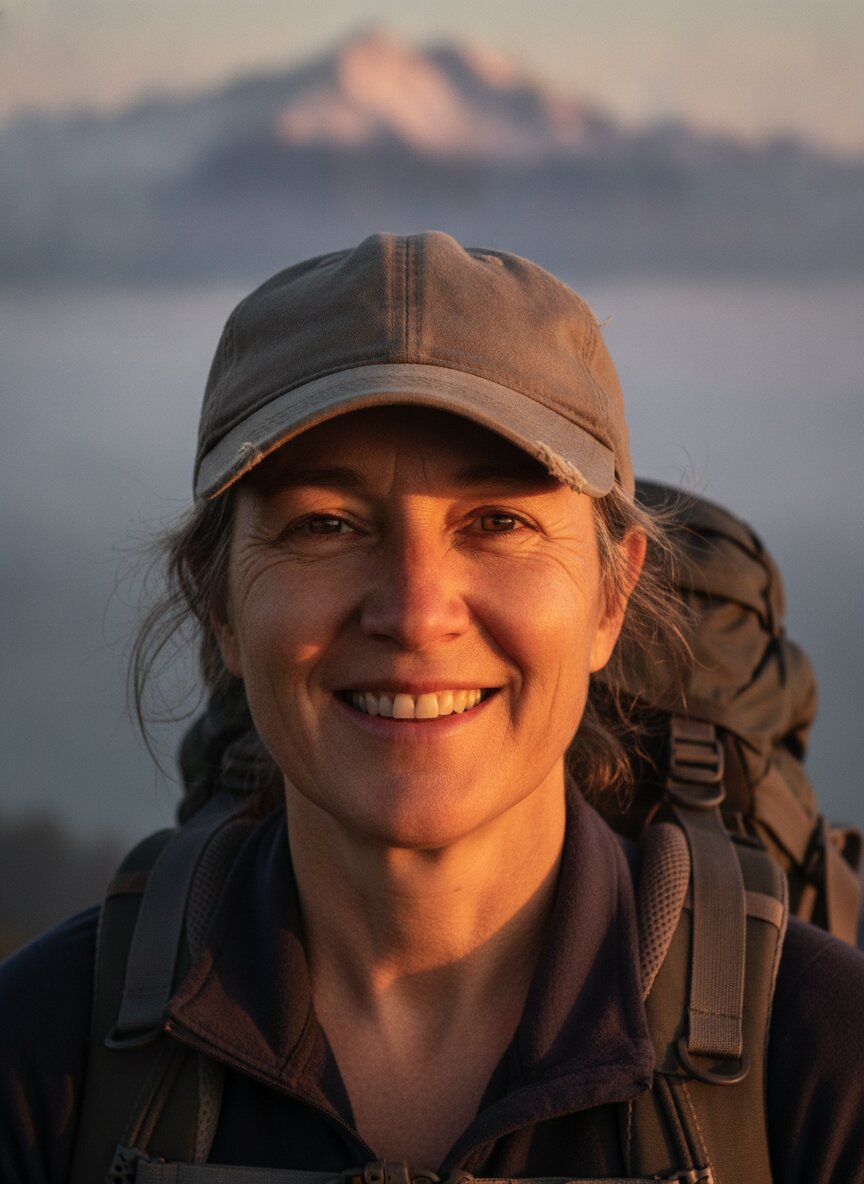 Mara Voss, mountain guide, smiling with an alpine ridge behind her