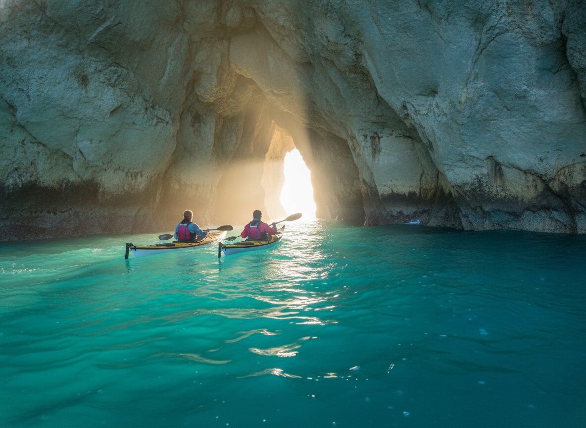 Sea kayaks entering a sunlit sea cave on turquoise water