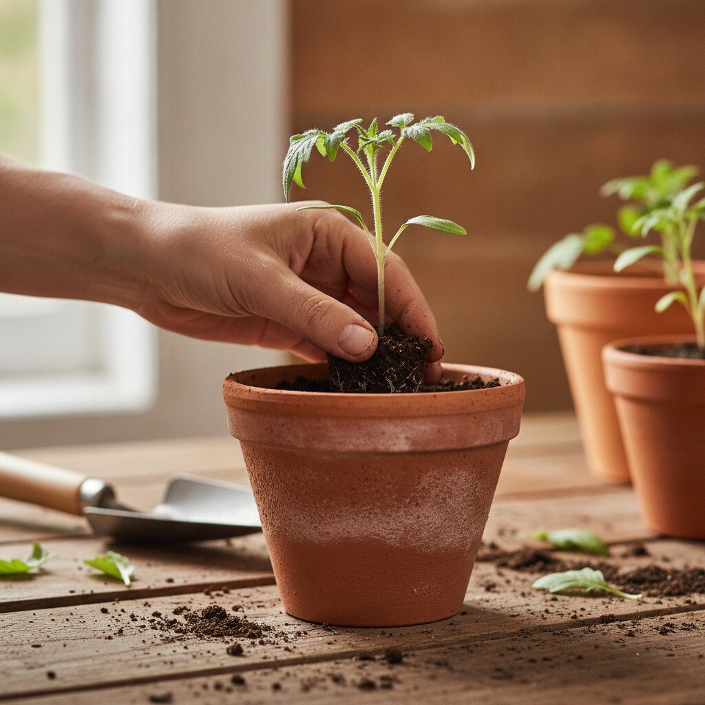 Hands potting a seedling, soil on the fingers