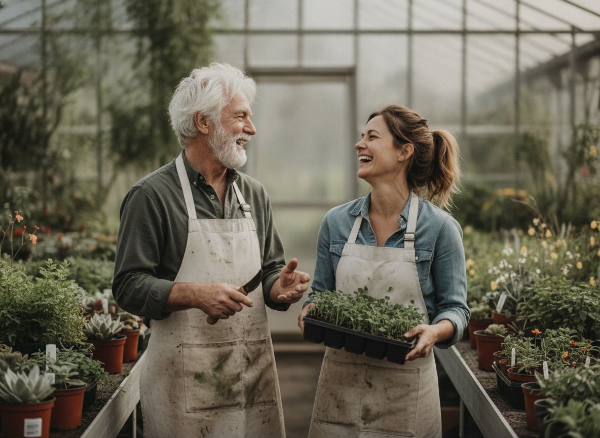Walt and Ingrid Bergstrom in work aprons among the greenhouse benches