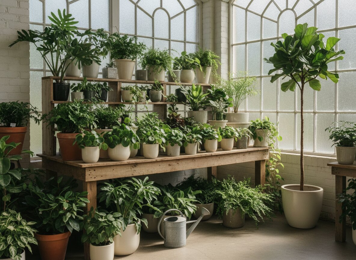 A bright corner of houseplants on wooden shelves