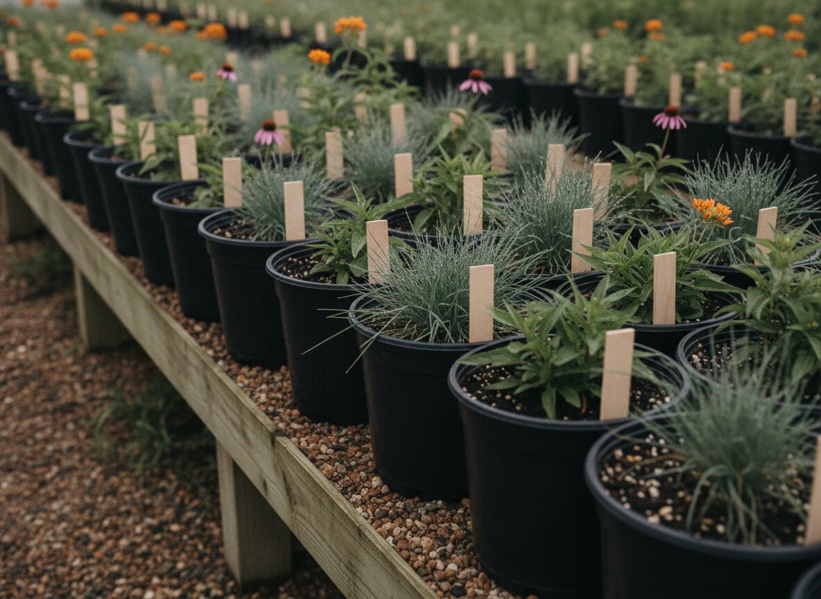 Rows of native perennials in nursery pots on a gravel bench