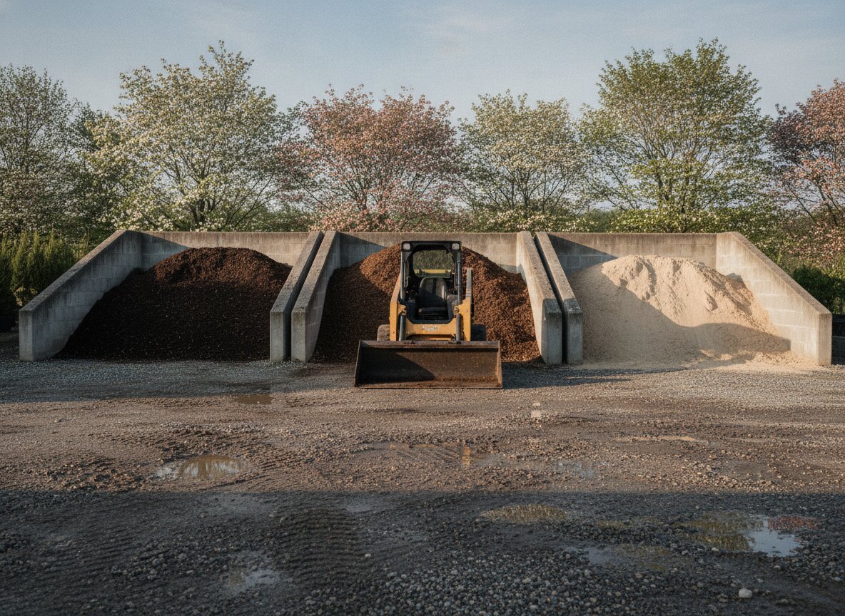 Bulk soil and mulch bays with a small loader in morning light