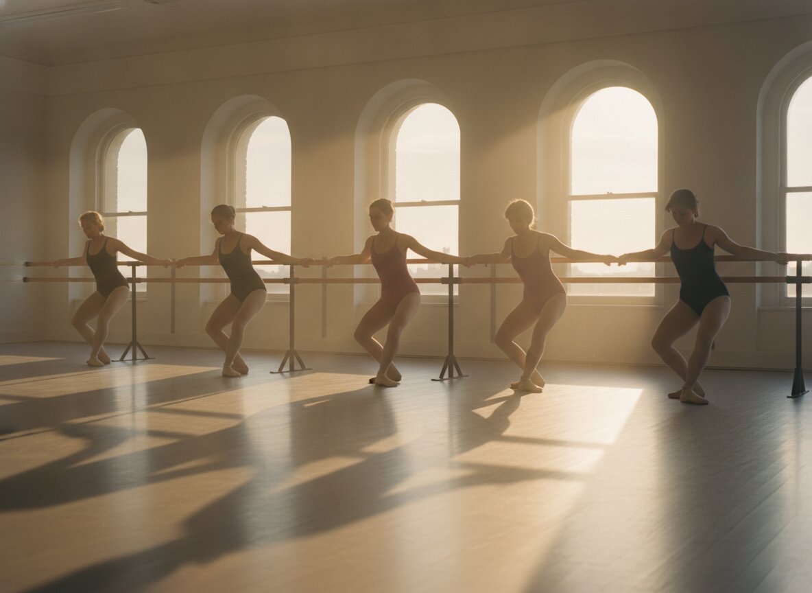 Adult evening ballet class in plié at dusk