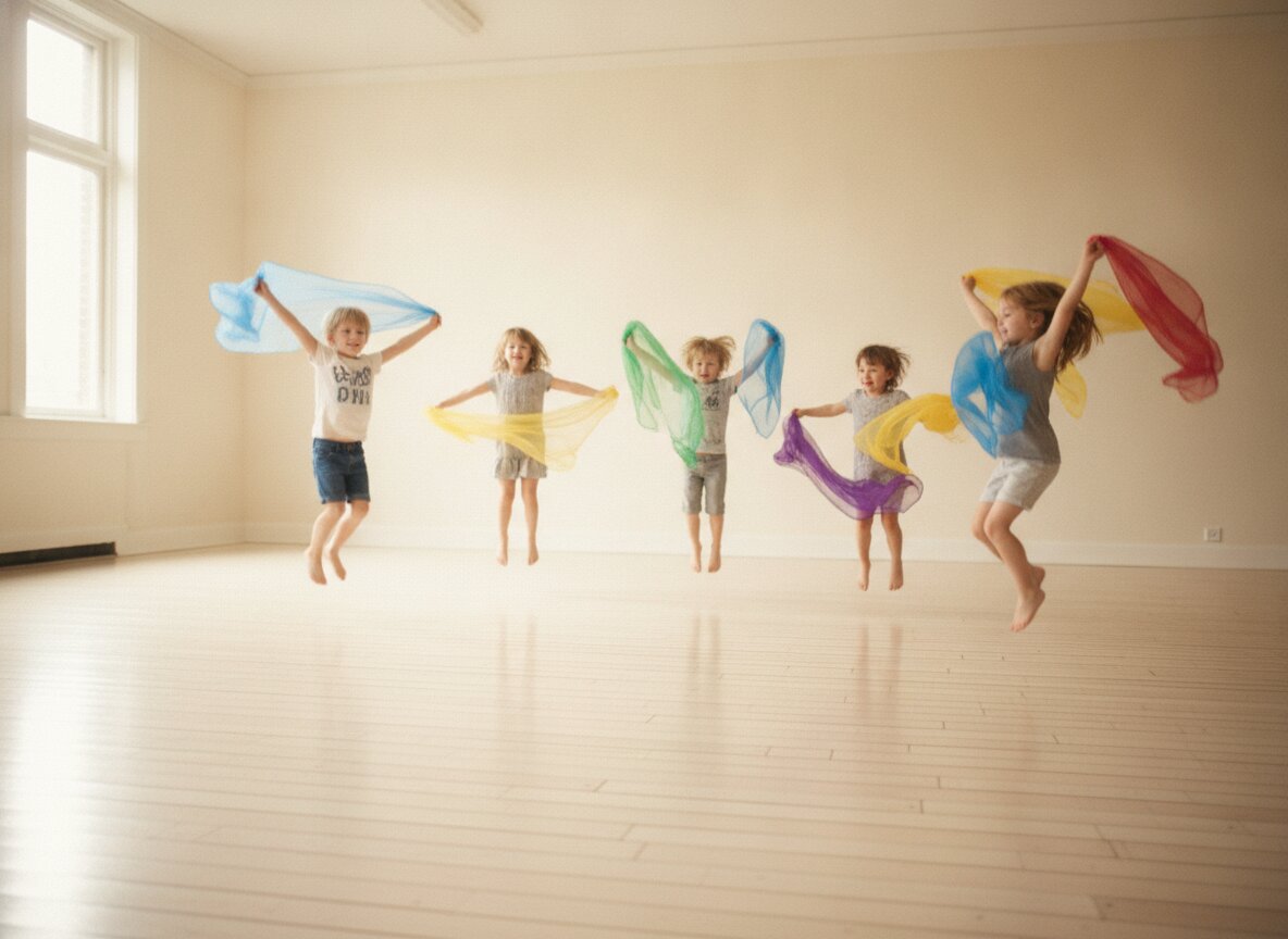 Small dancers mid-hop in a circle during creative movement class