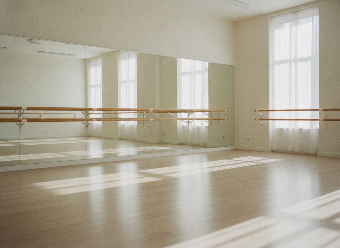 Empty mirrored studio in the morning, barre shadows on the floor