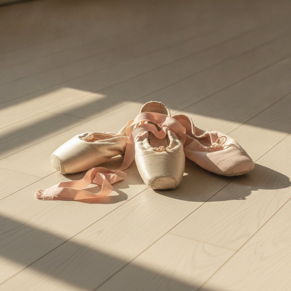 Worn pointe shoes and canvas slippers on the sprung wood floor