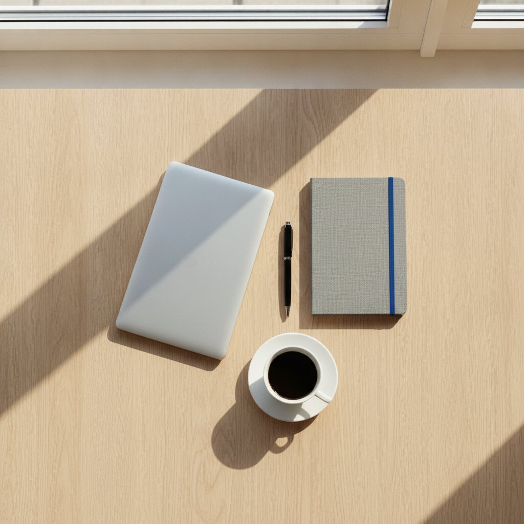 A laptop, a notebook and a coffee on a clean desk by a window, seen from above