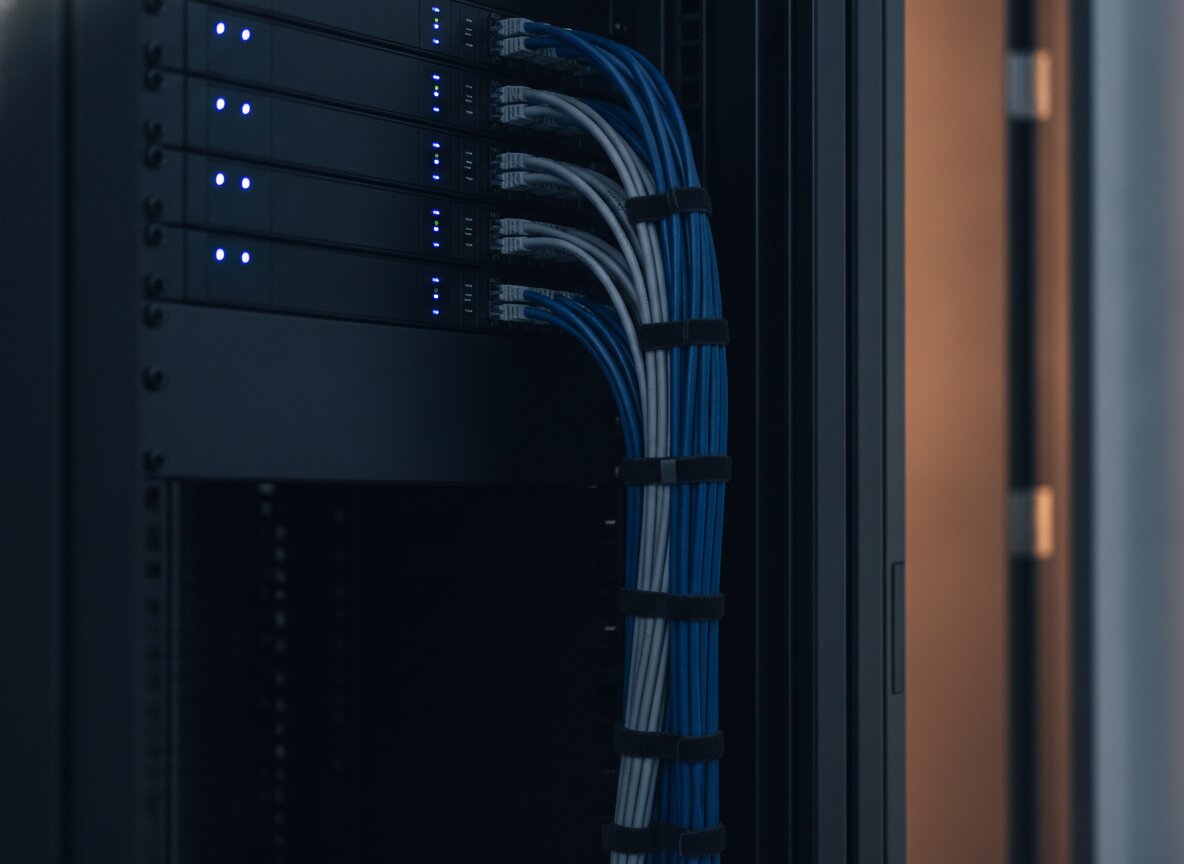 A tidy server rack with blue status lights and neatly bundled cables