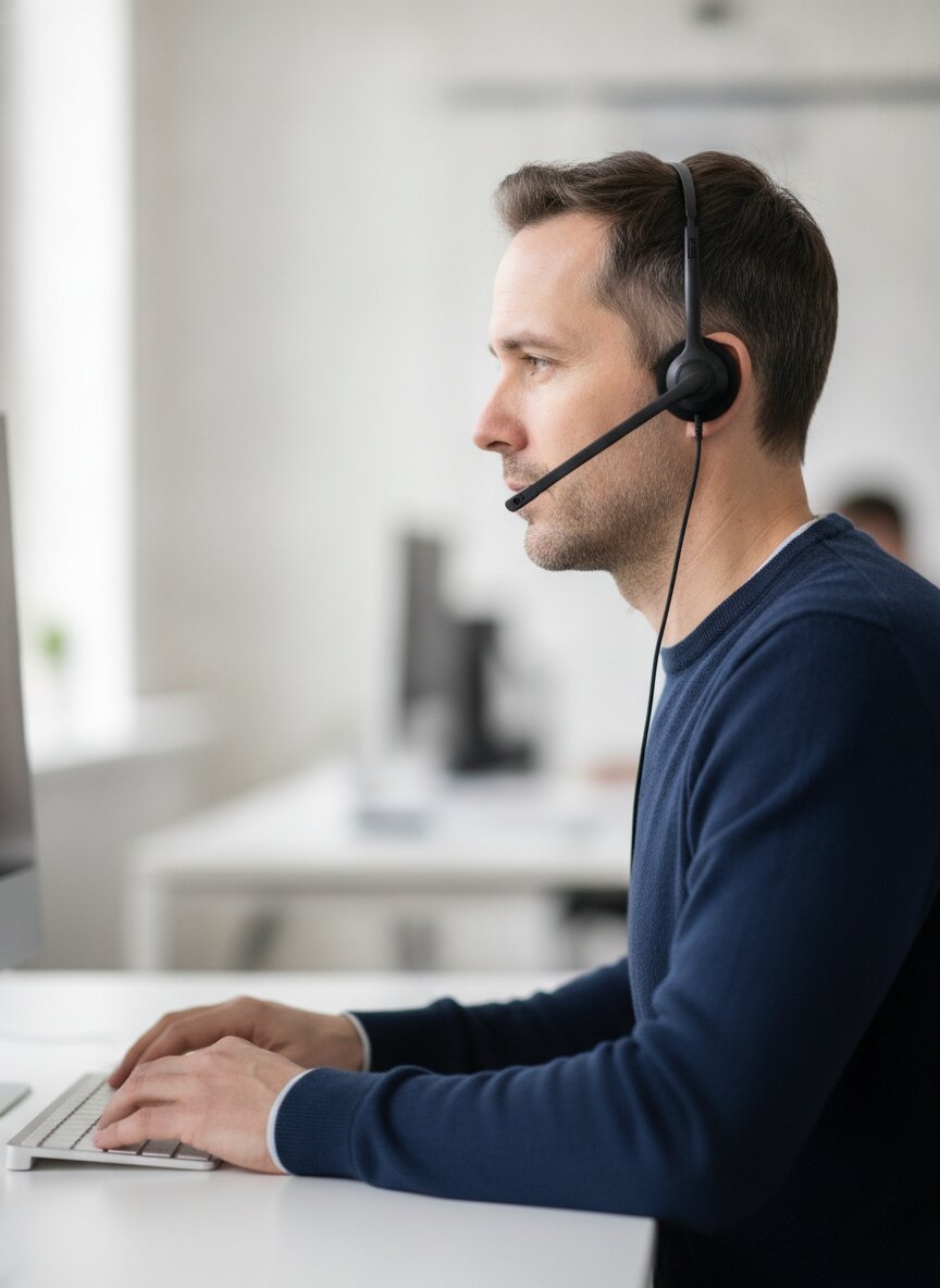Marcus Oyelaran at the helpdesk with a headset on, seen from the side