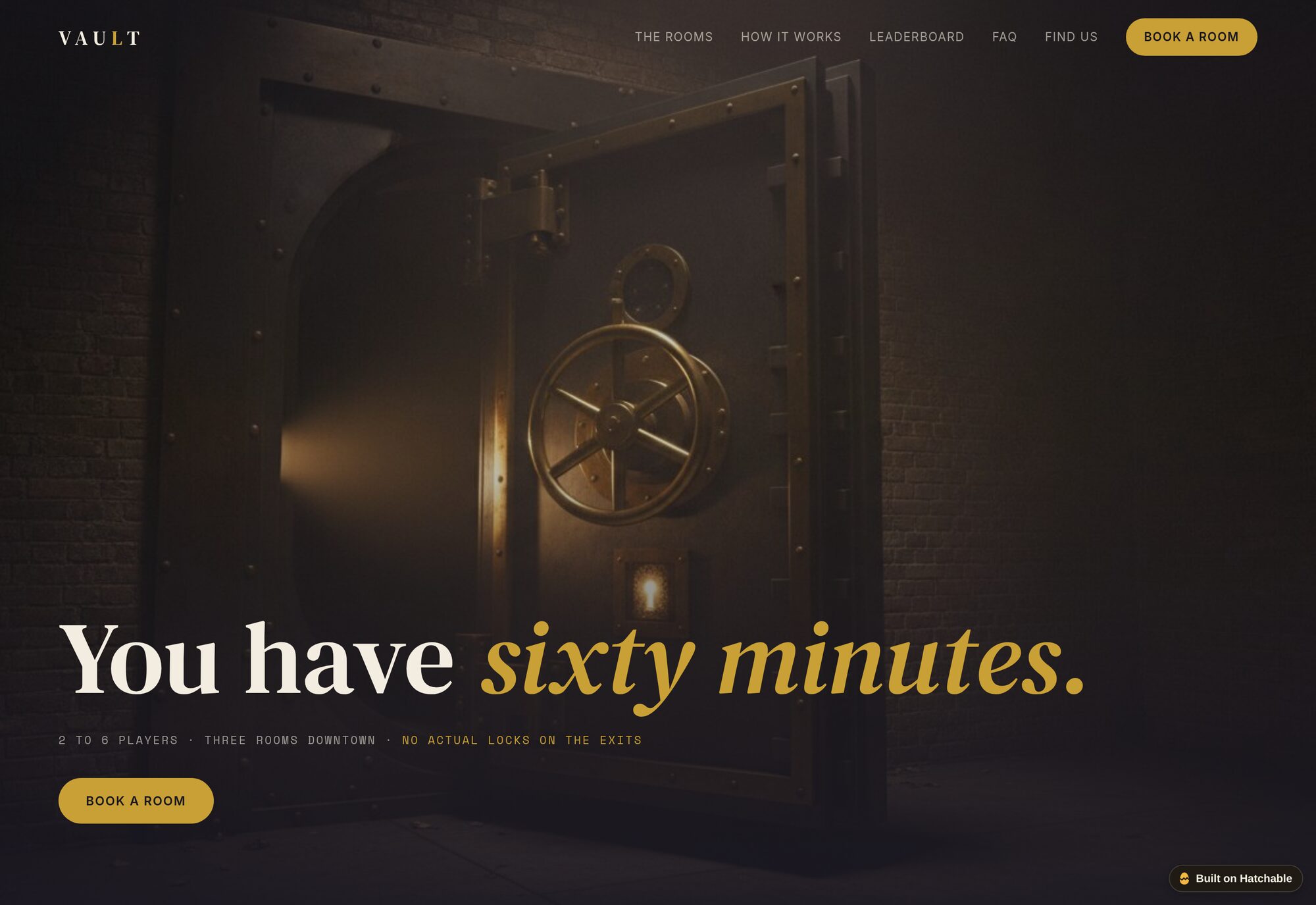 Vault escape room website template — full design preview