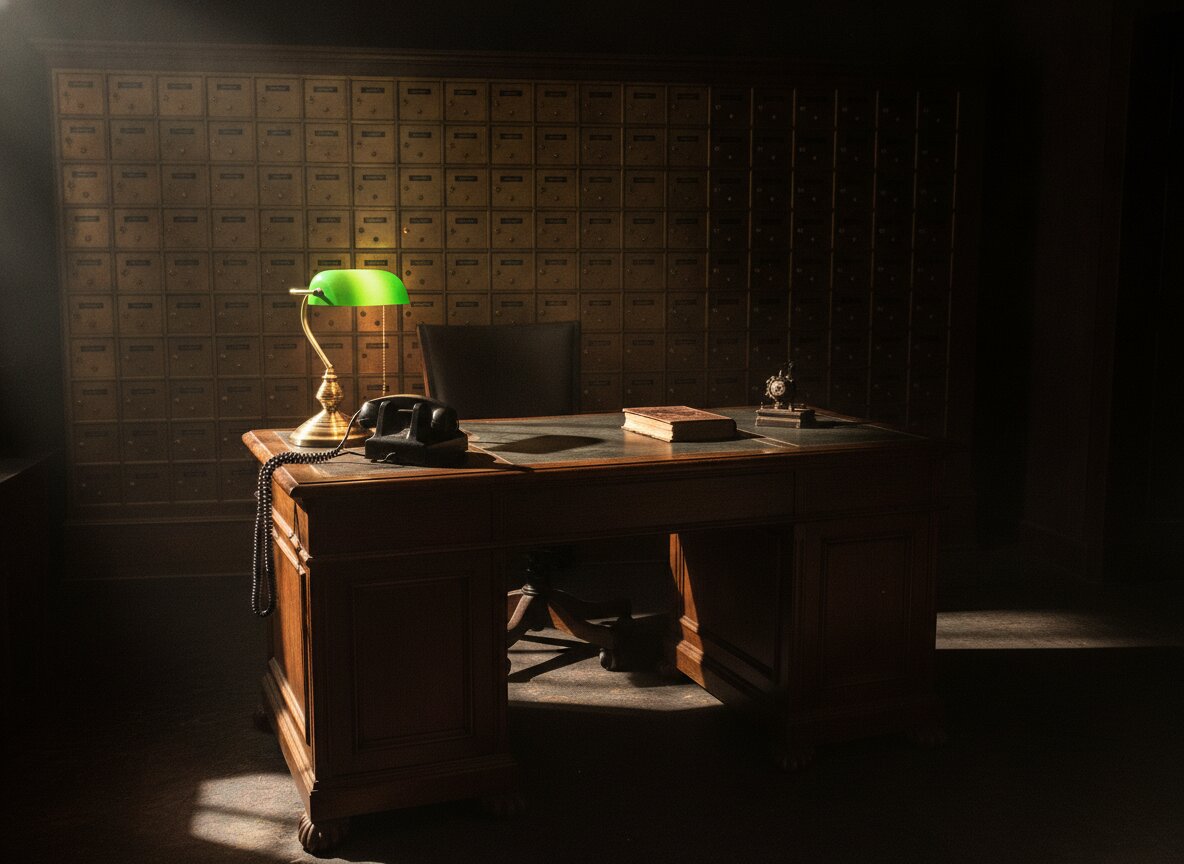 The Heist room: a desk with a rotary phone before a wall of deposit boxes