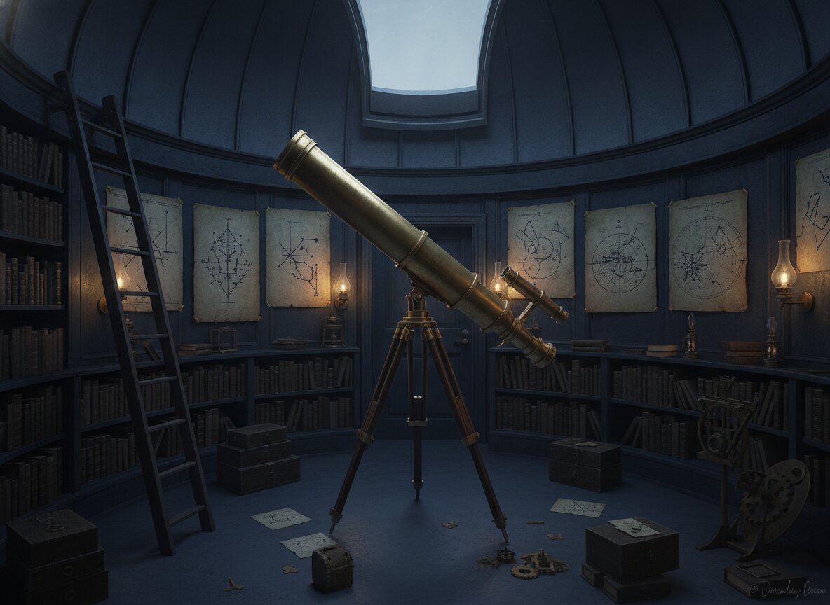 The Observatory room: a brass telescope and star charts in lamplight