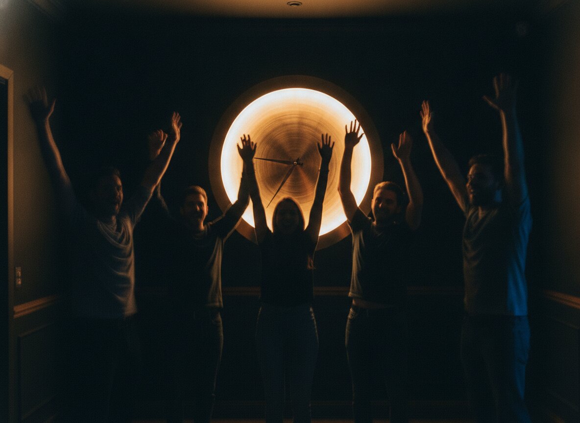 A team celebrating in front of the wall clock, arms up