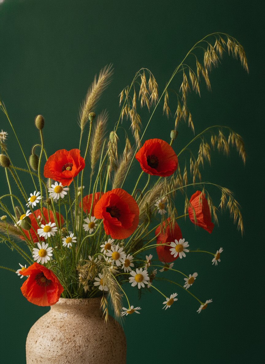 The Meadow — loose grasses, poppies, and chamomile