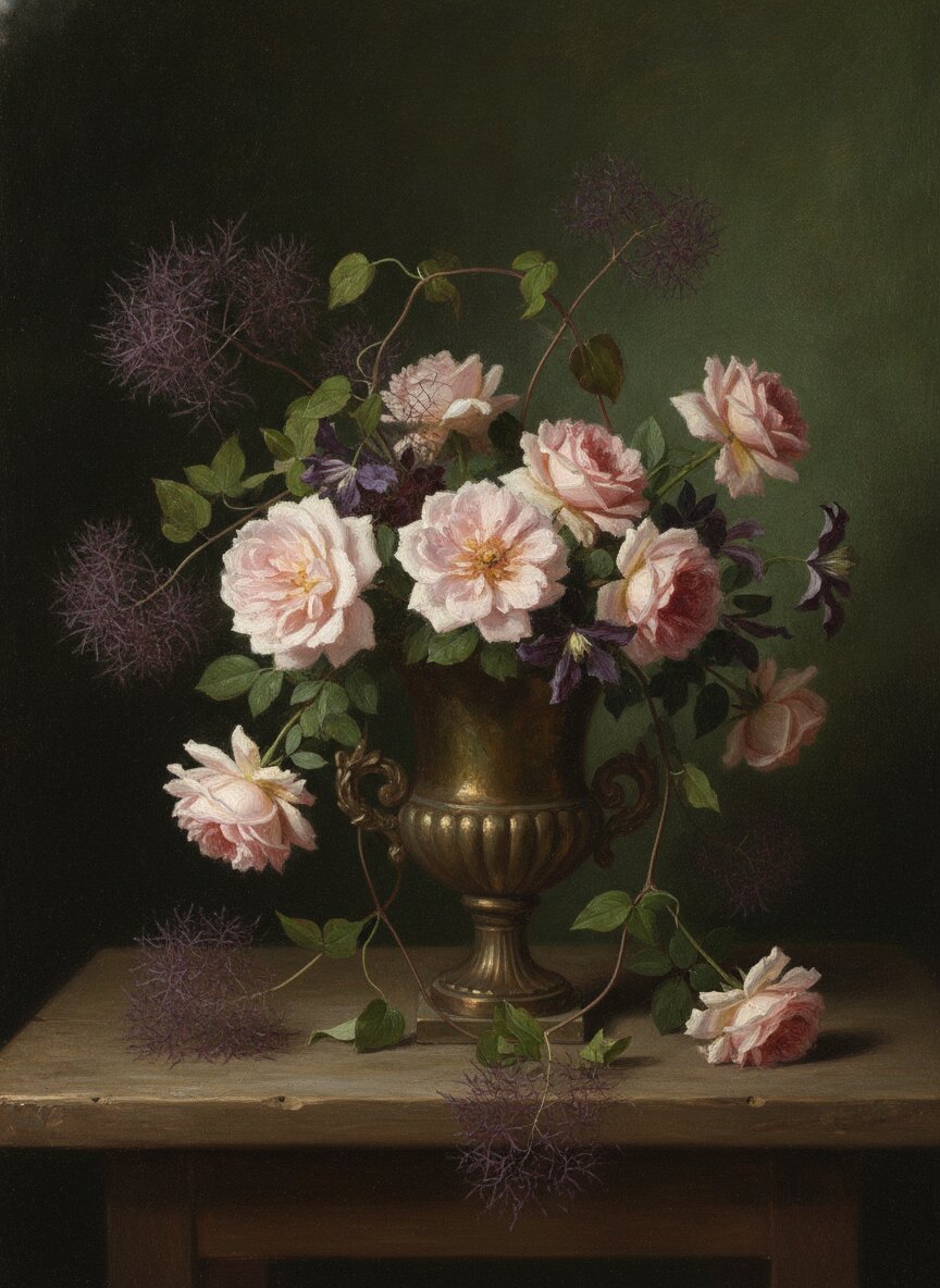 The Ramble — garden roses and clematis vine