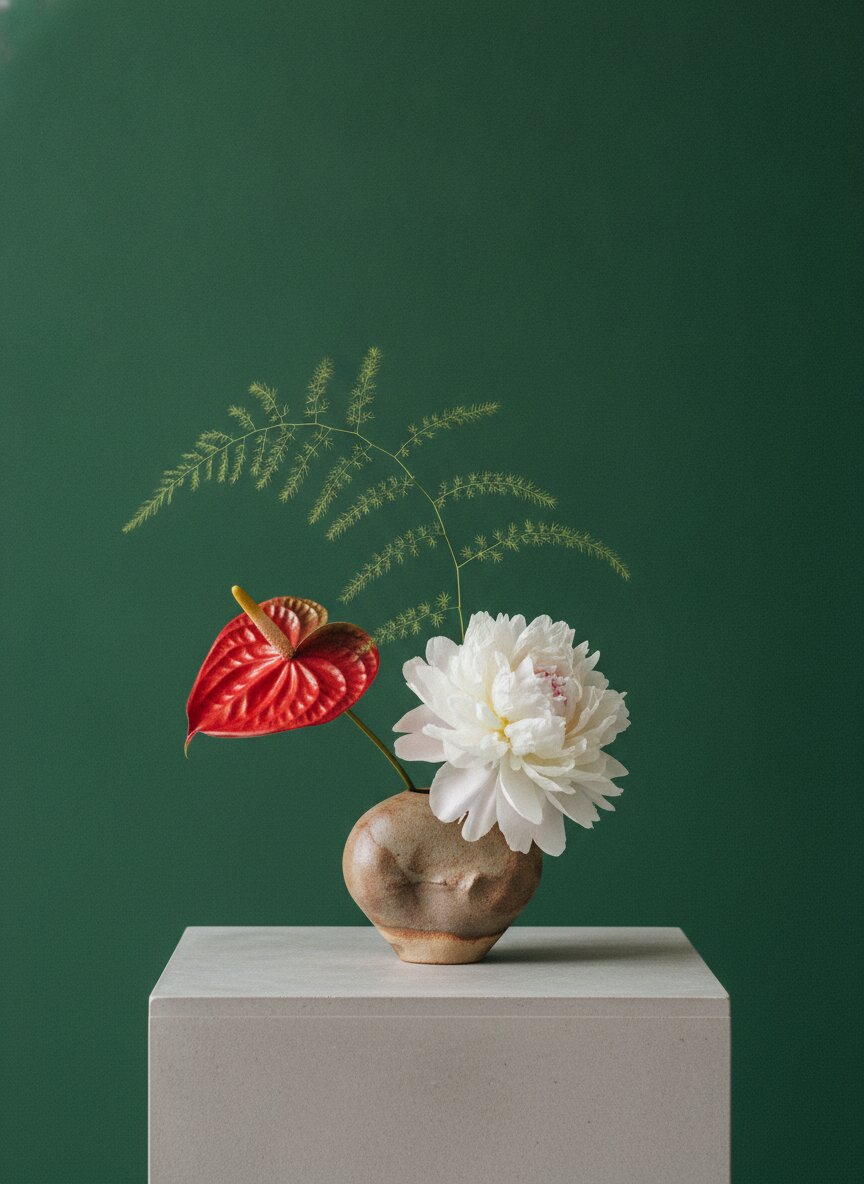 The Still Life — anthurium, fern, and one perfect peony