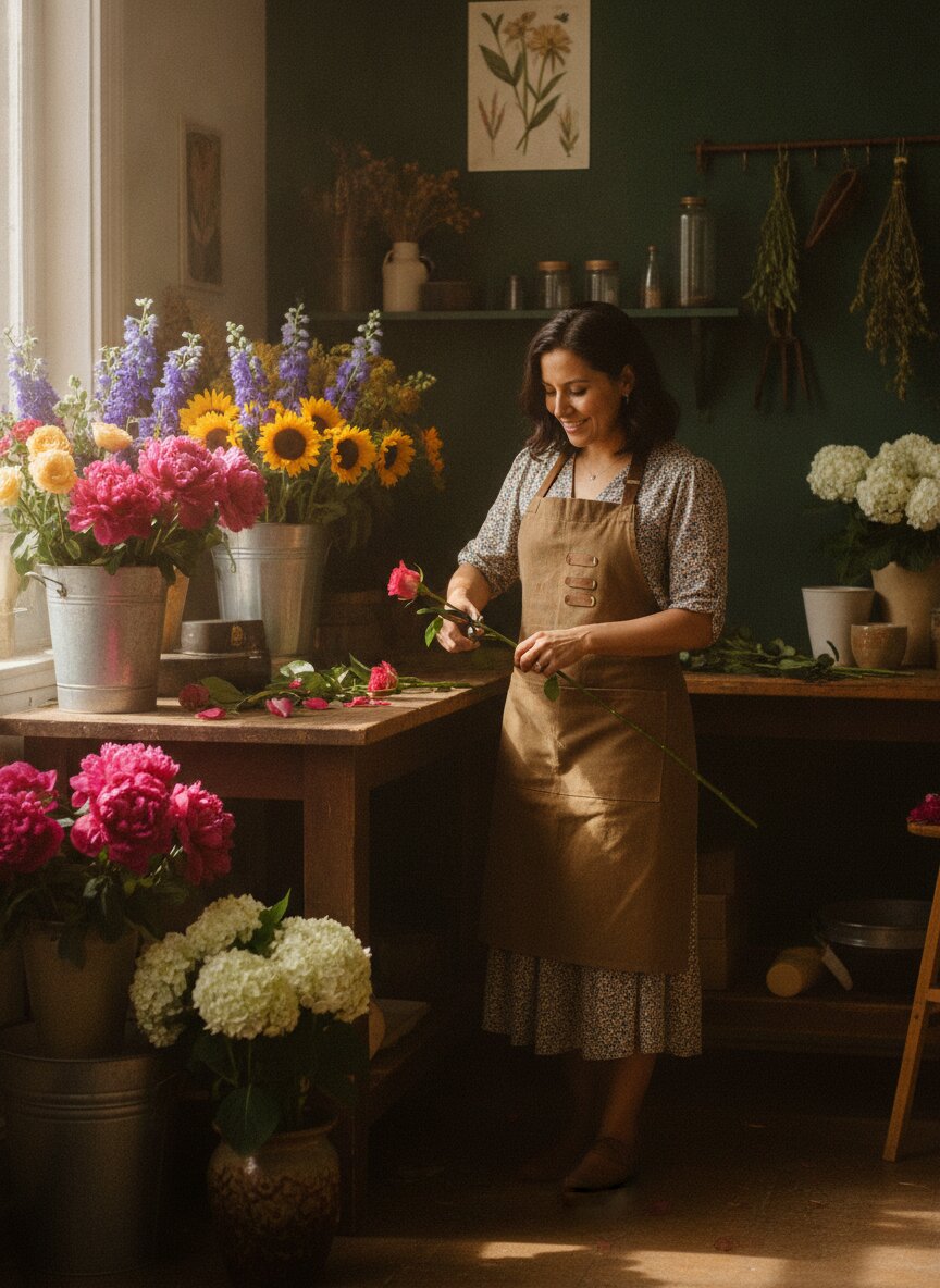 Pilar at the bench, trimming stems