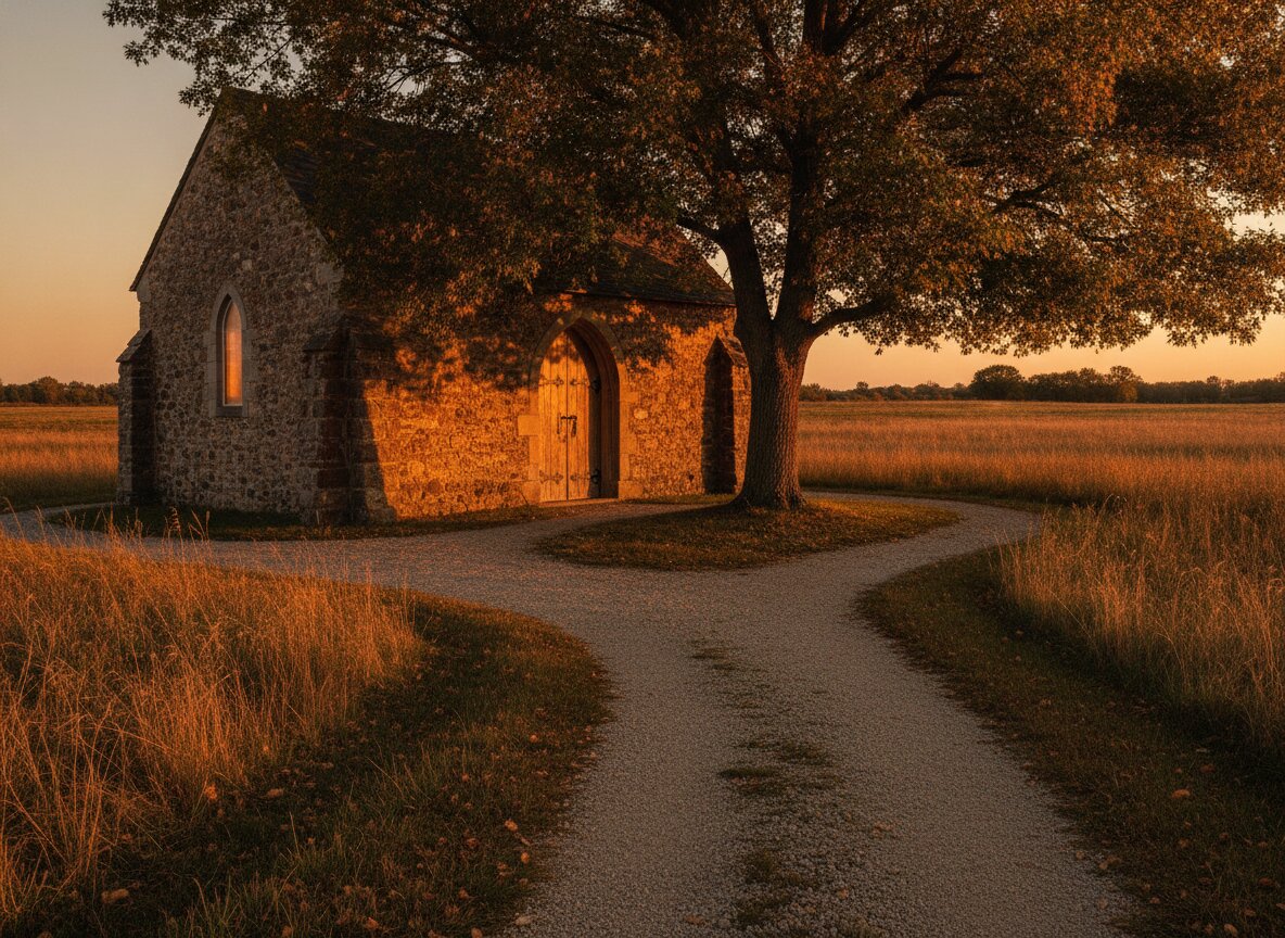 The stone chapel on Rowan Street at golden hour, maple tree by the door