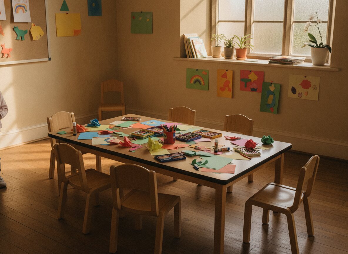 A sunlit children's classroom with a craft table