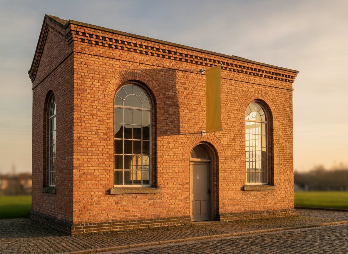The 1911 pumping station at golden hour, exhibition banner hanging