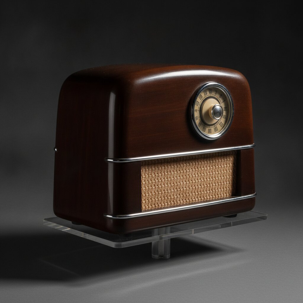 Bakelite table radio with a chrome dial, on a museum mount