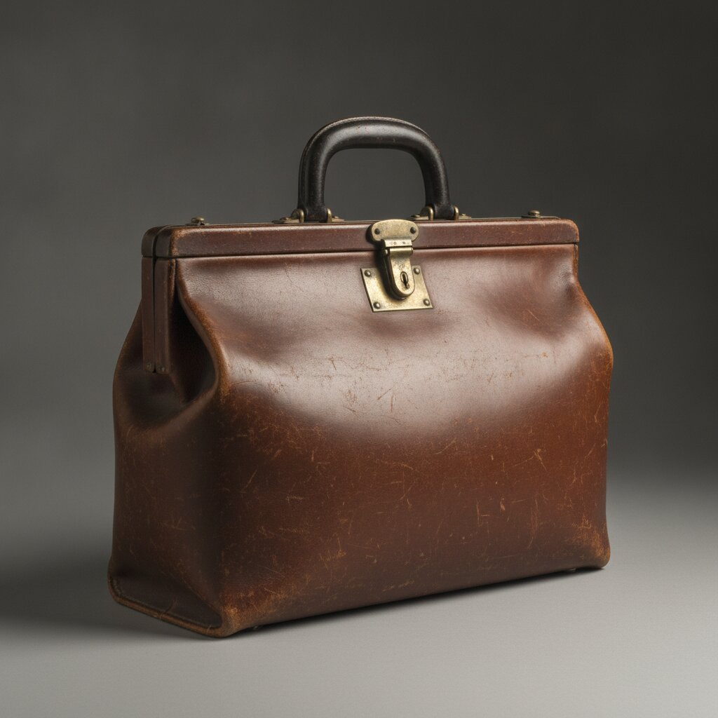Worn leather doctor's bag with a brass clasp