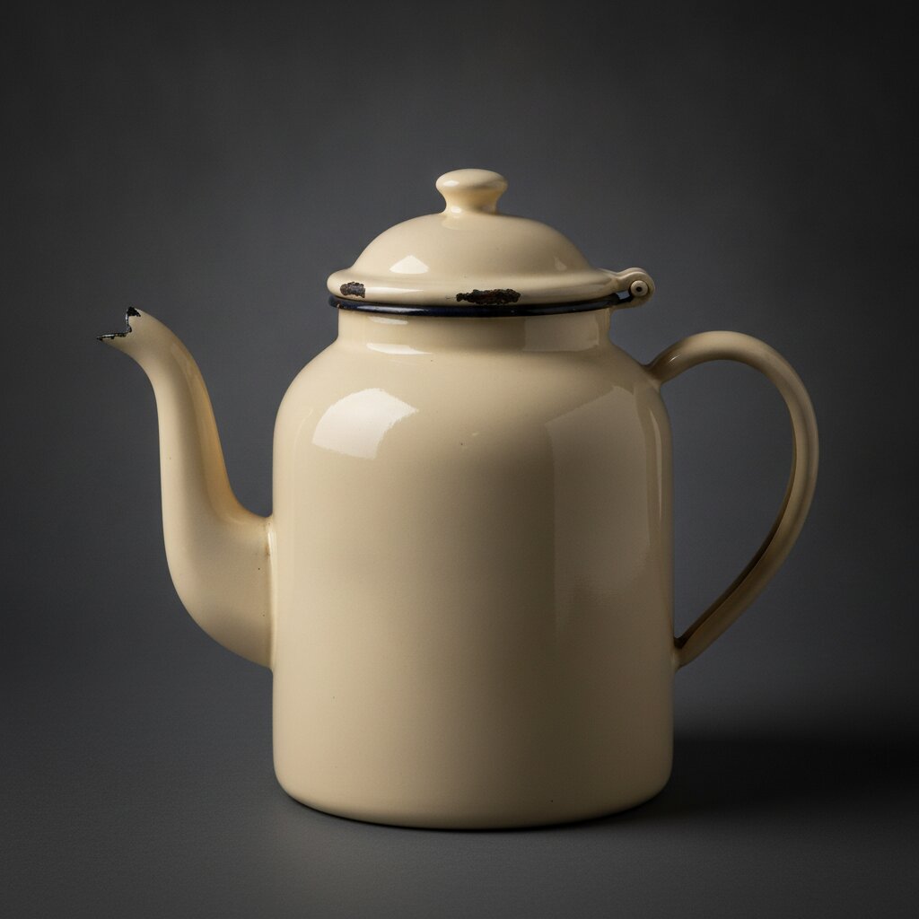 Chipped cream enamel coffee pot against a dark backdrop