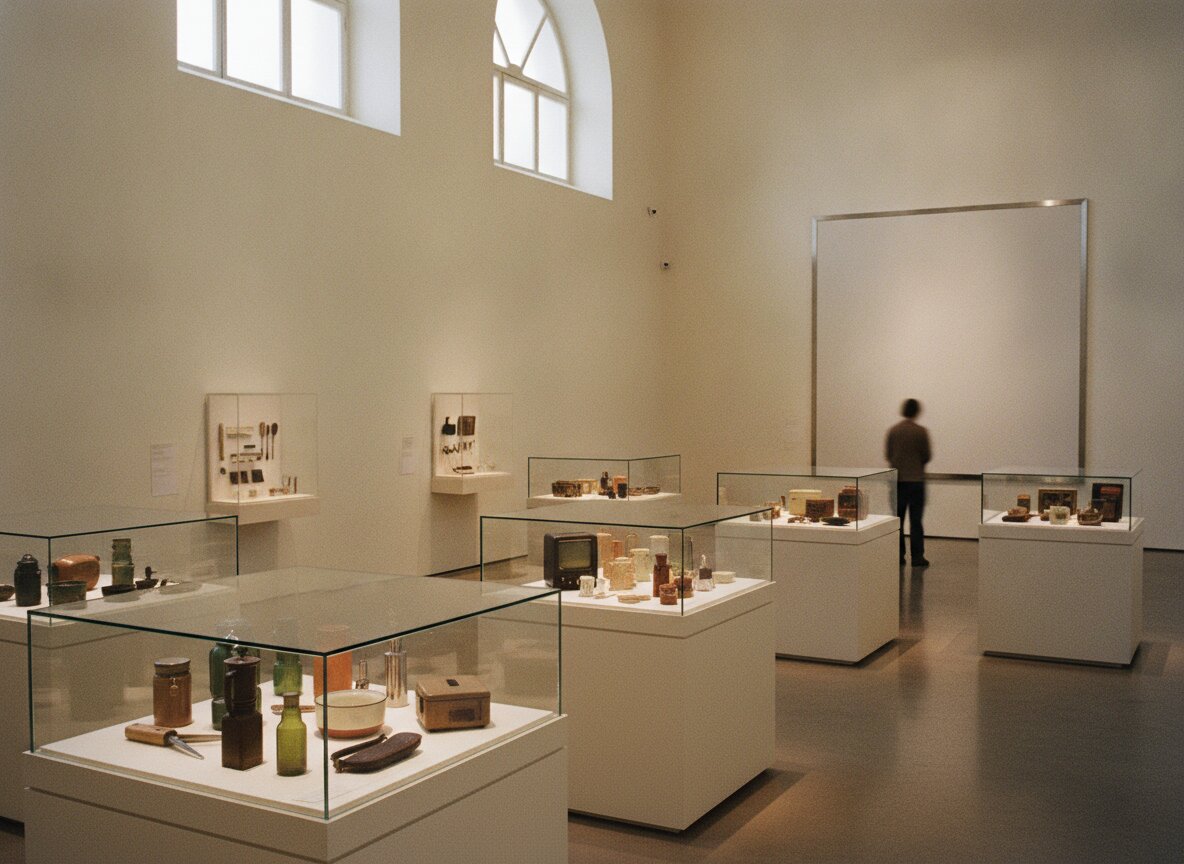 Gallery One hung for Handle with Care, objects in glass vitrines