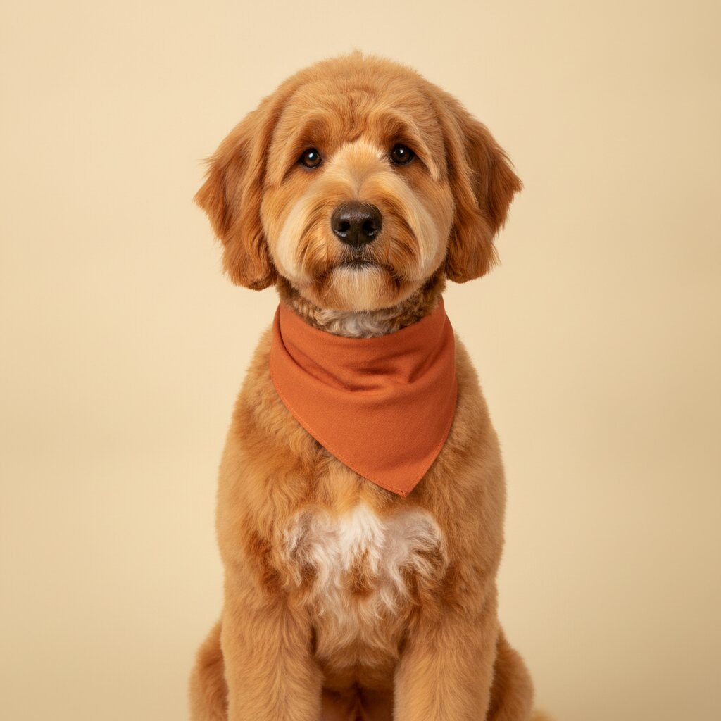 Biscuit the doodle, freshly groomed, in a cotton bandana