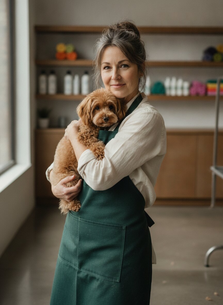 Mari Vega holding a freshly bathed miniature poodle