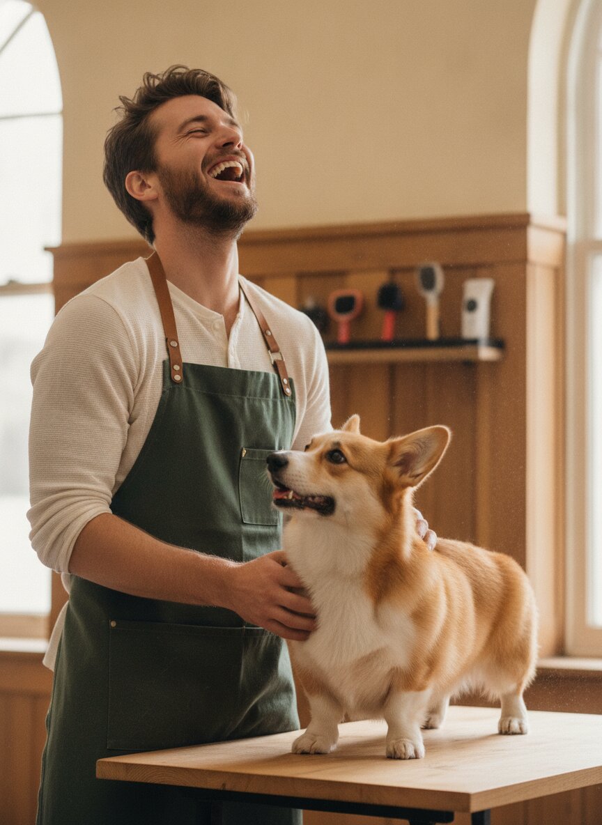 Theo Brandt laughing with a corgi on the grooming table