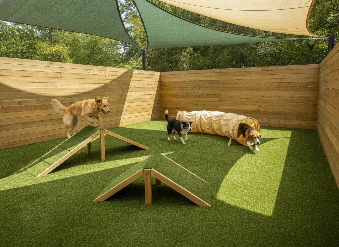 The turf yard: ramps, shade sails, a morning play group